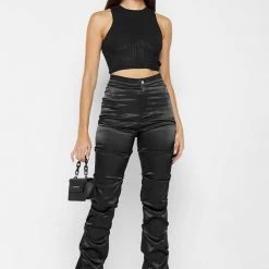 Woman Trousers Tacked Satin Flared Trousers - Black