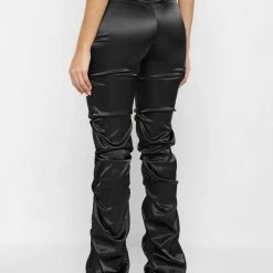 Woman Trousers Tacked Satin Flared Trousers - Black
