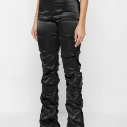 Woman Trousers Tacked Satin Flared Trousers - Black