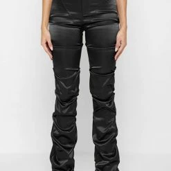 Woman Trousers Tacked Satin Flared Trousers - Black