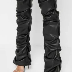 Woman Trousers Tacked Vegan Leather Flared Trousers - Black