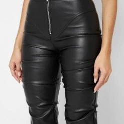Woman Trousers Tacked Vegan Leather Flared Trousers - Black