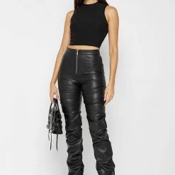Woman Trousers Tacked Vegan Leather Flared Trousers - Black
