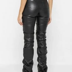 Woman Trousers Tacked Vegan Leather Flared Trousers - Black