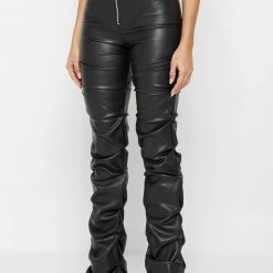 Woman Trousers Tacked Vegan Leather Flared Trousers - Black