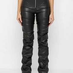 Woman Trousers Tacked Vegan Leather Flared Trousers - Black