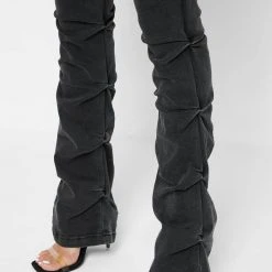 Woman Denim Tacked Denim Flared Jeans - Washed Black