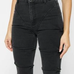 Woman Denim Tacked Denim Flared Jeans - Washed Black