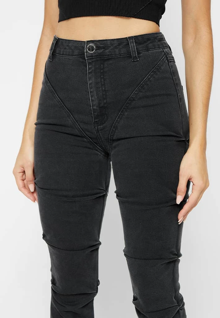 Woman Denim Tacked Denim Flared Jeans - Washed Black