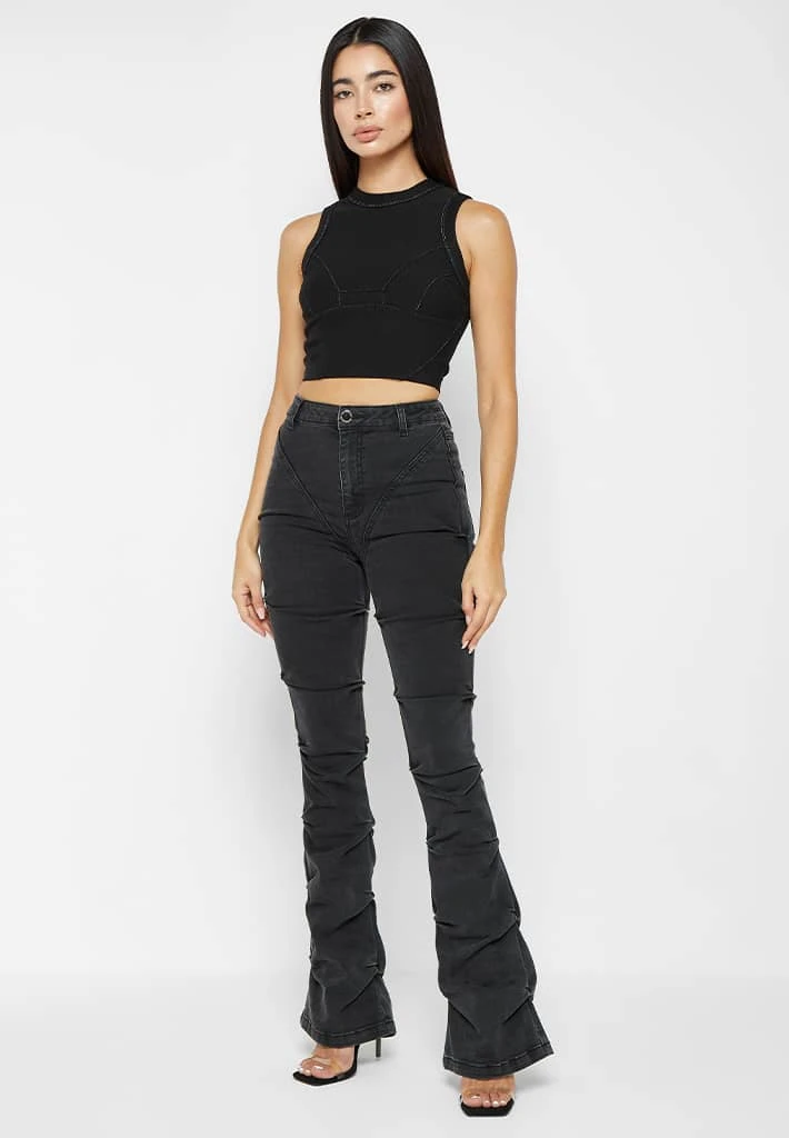 Woman Denim Tacked Denim Flared Jeans - Washed Black