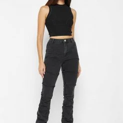 Woman Denim Tacked Denim Flared Jeans - Washed Black