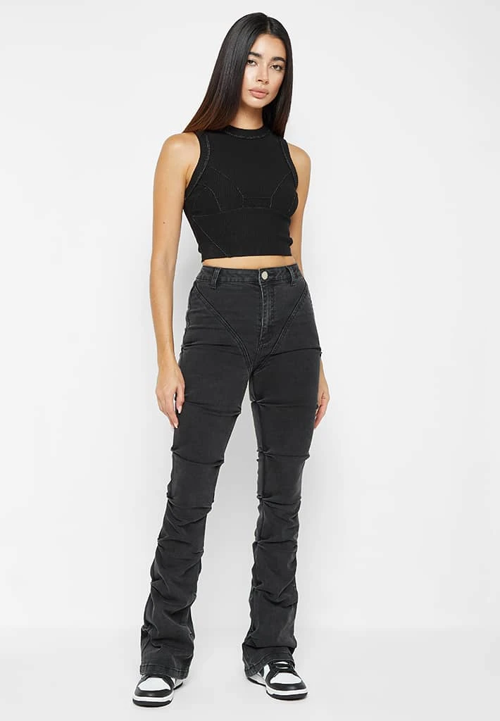 Woman Denim Tacked Denim Flared Jeans - Washed Black
