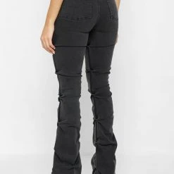 Woman Denim Tacked Denim Flared Jeans - Washed Black