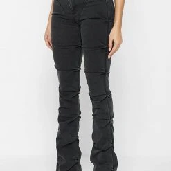 Woman Denim Tacked Denim Flared Jeans - Washed Black