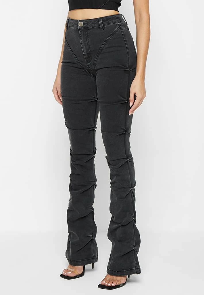 Woman Denim Tacked Denim Flared Jeans - Washed Black