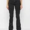 Woman Denim Tacked Denim Flared Jeans - Washed Black