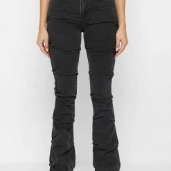 Woman Denim Tacked Denim Flared Jeans - Washed Black