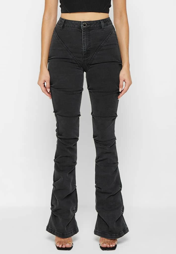 Woman Denim Tacked Denim Flared Jeans - Washed Black
