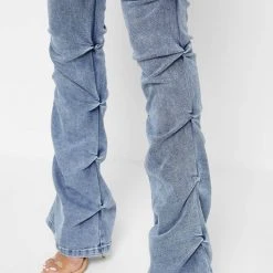 Woman Denim Tacked Denim Flared Jeans - Blue