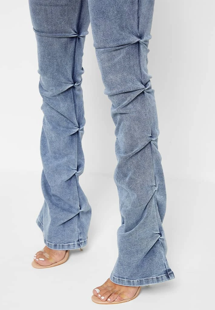Woman Denim Tacked Denim Flared Jeans - Blue