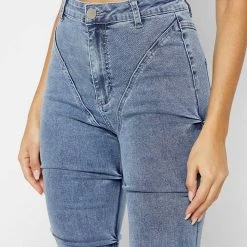 Woman Denim Tacked Denim Flared Jeans - Blue