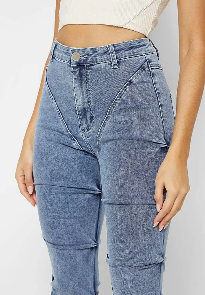 Woman Denim Tacked Denim Flared Jeans - Blue