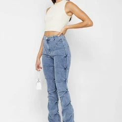Woman Denim Tacked Denim Flared Jeans - Blue