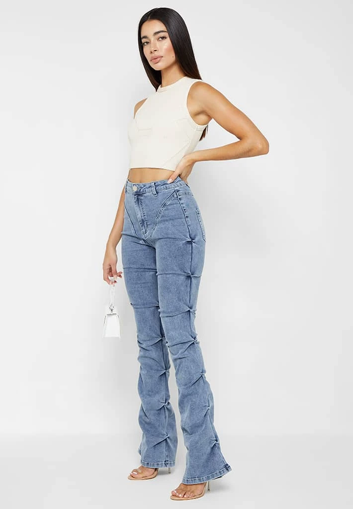 Woman Denim Tacked Denim Flared Jeans - Blue