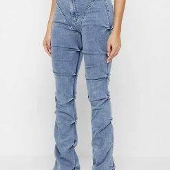 Woman Denim Tacked Denim Flared Jeans - Blue