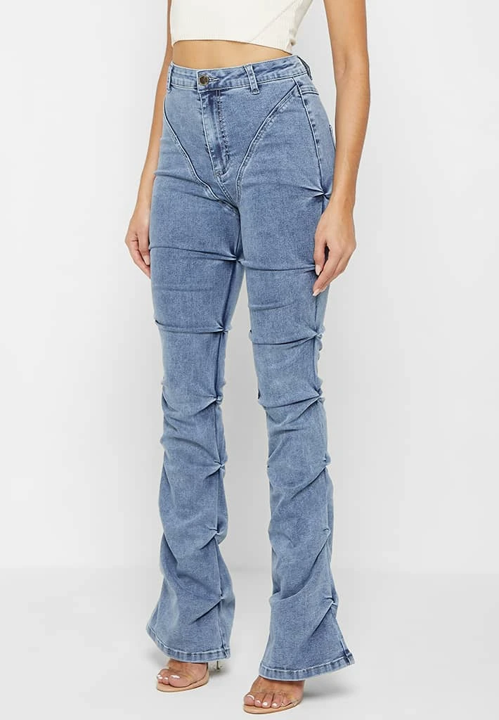 Woman Denim Tacked Denim Flared Jeans - Blue