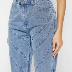 Woman Denim Contour Detail Mom Jeans - Mid Blue