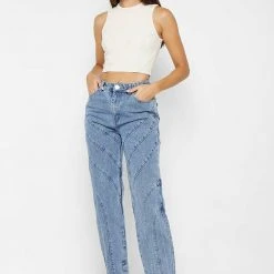 Woman Denim Contour Detail Mom Jeans - Mid Blue