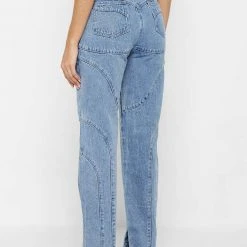 Woman Denim Contour Detail Mom Jeans - Mid Blue