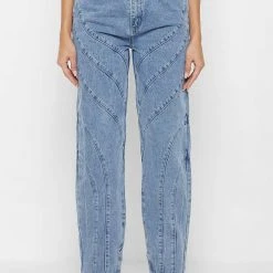 Woman Denim Contour Detail Mom Jeans - Mid Blue