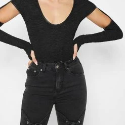 Woman Tops Shirred Cut Out Bodysuit - Black