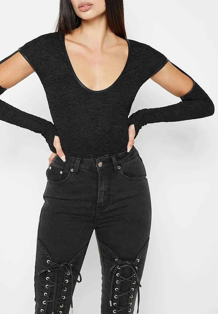 Woman Tops Shirred Cut Out Bodysuit - Black