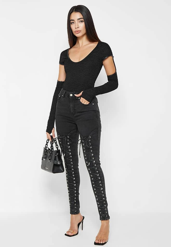 Woman Tops Shirred Cut Out Bodysuit - Black