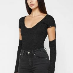 Woman Tops Shirred Cut Out Bodysuit - Black