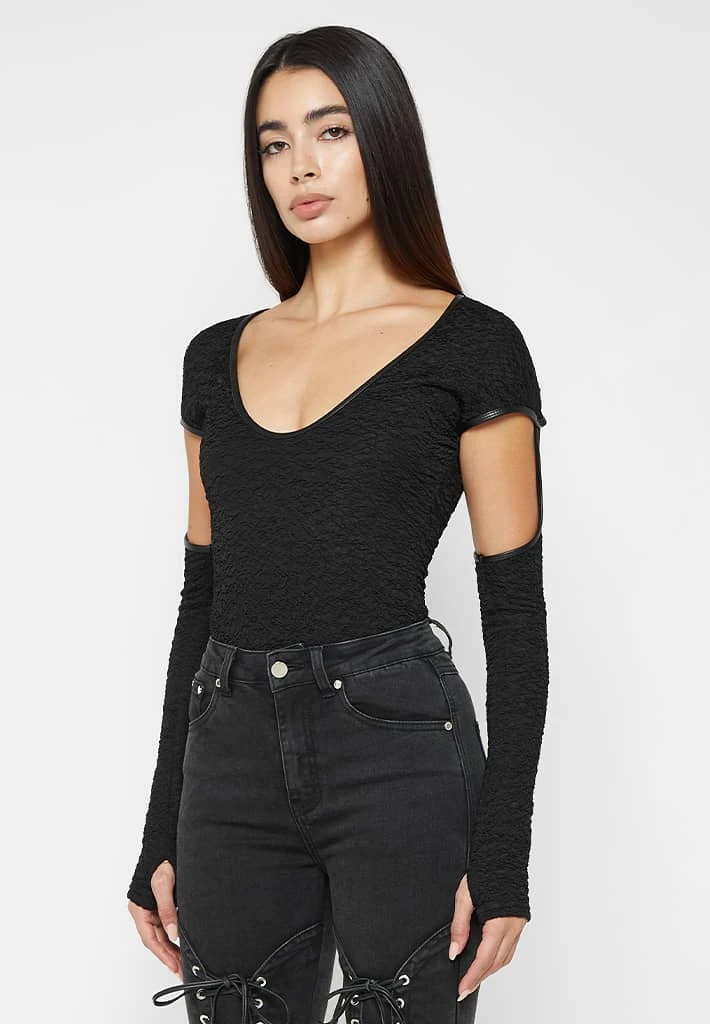 Woman Tops Shirred Cut Out Bodysuit - Black