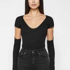 Woman Tops Shirred Cut Out Bodysuit - Black