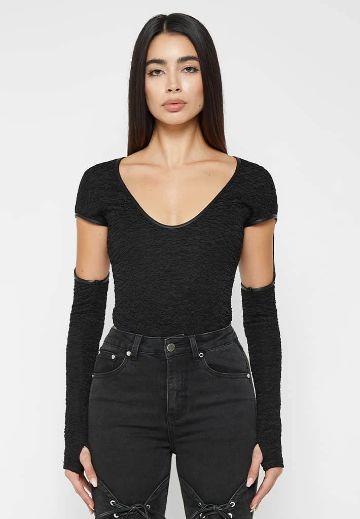 Woman Tops Shirred Cut Out Bodysuit - Black