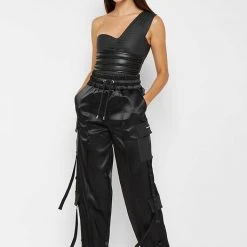 Woman Trousers Satin & Vegan Leather Cargo Trousers - Black CARGO PANTS & JOGGERS