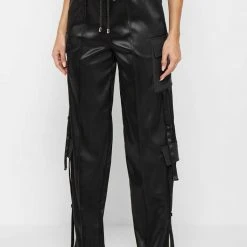 Woman Trousers Satin & Vegan Leather Cargo Trousers - Black CARGO PANTS & JOGGERS