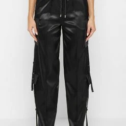 Woman Trousers Satin & Vegan Leather Cargo Trousers - Black CARGO PANTS & JOGGERS