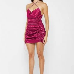 Woman Dresses Ruched Satin Mini Dress - Hot Pink