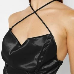 Woman Dresses Ruched Satin Mini Dress - Black