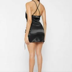 Woman Dresses Ruched Satin Mini Dress - Black