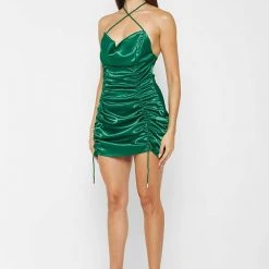 Woman Dresses Ruched Satin Mini Dress - Green