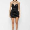 Woman Dresses Ruched Satin Mini Dress - Black