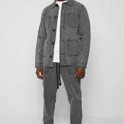 Man Jackets Washed Denim Coach Jacket - Grey CO-ORDS